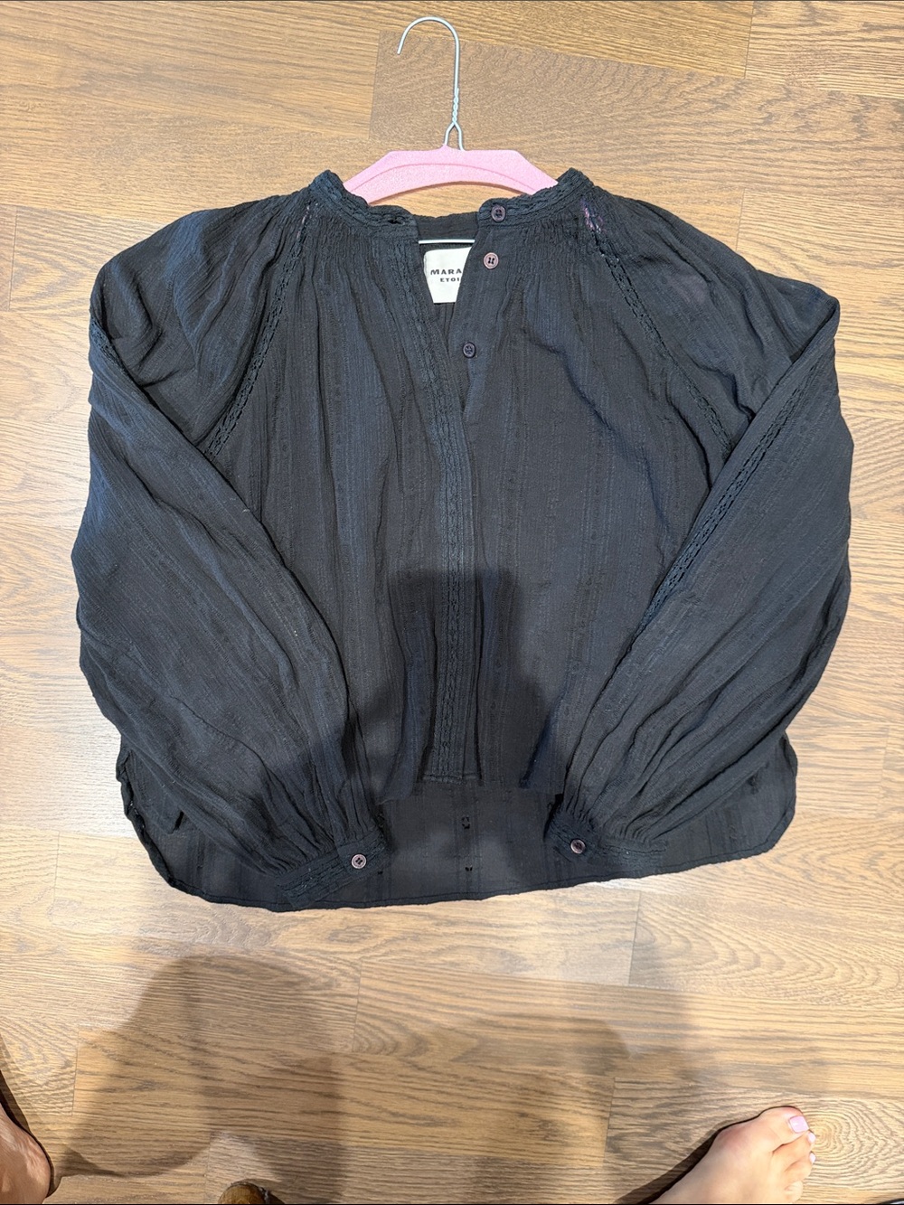Lightweight Black Button-Front Peasant Blouse